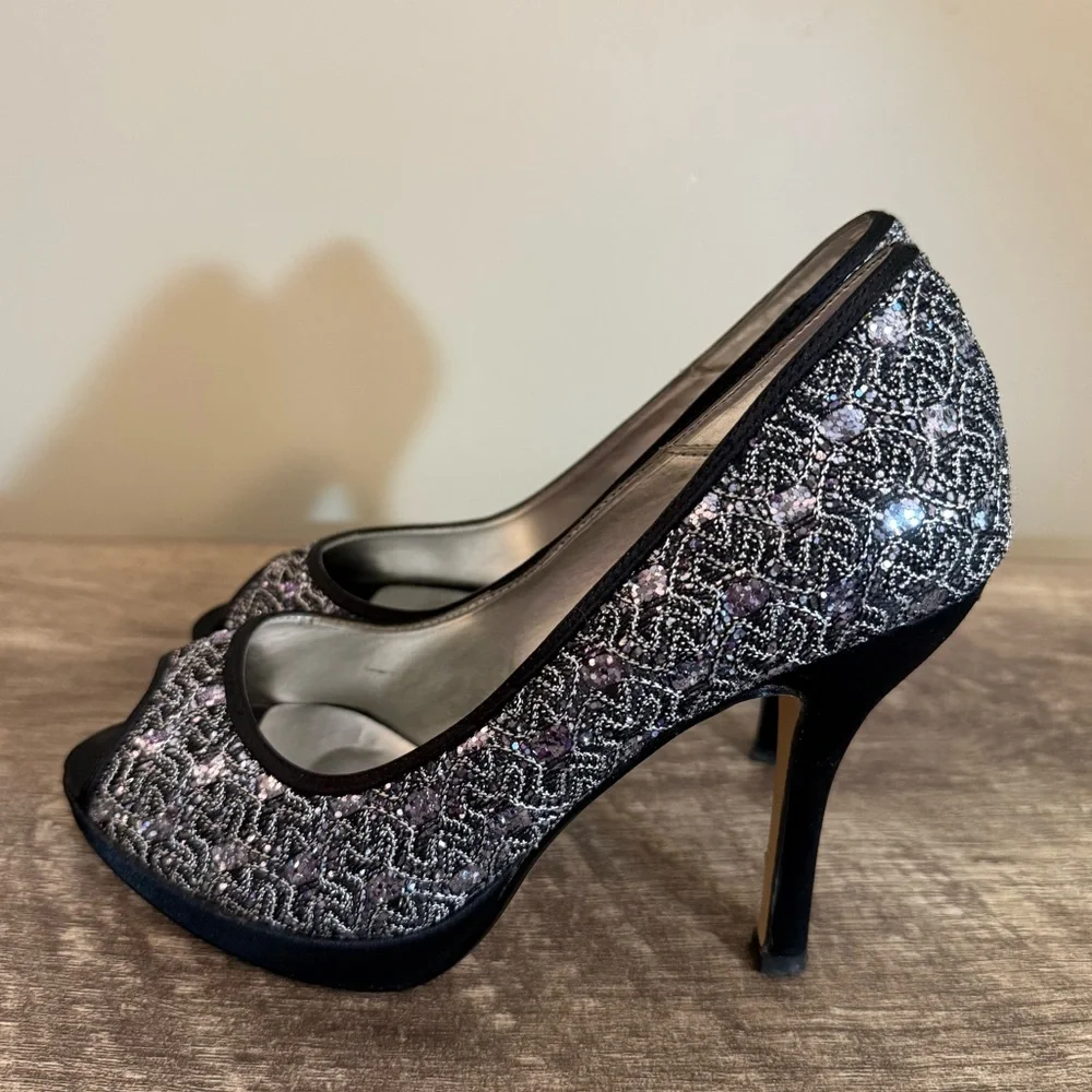 Caparros Peep Toe Formal Platform High Heels Shoes Silver Black Sparkle Size 6